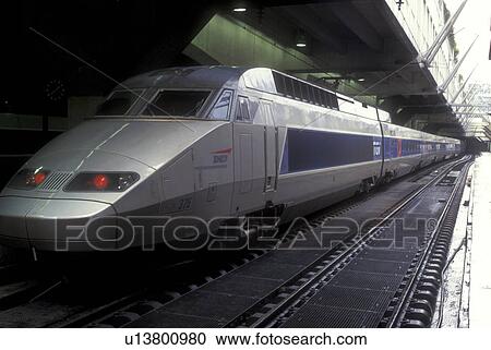 Stock Image -  TGV, train, Paris, France, Europe, Gare Montparnasse, The TGV, high speed passenger train, waiting at the Gare Montparnasse in Paris.. Fotosearch