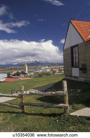 Stock Photograph -  Tierra del Fuego, Argentina, Patagonia, Andes, Ushuaia, Scenic view of the world's southernmost town of Ushuaia in Argentina. . Fotosearch
