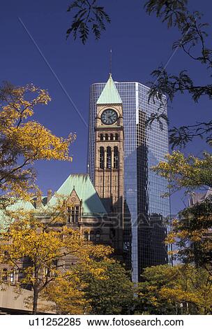 Toronto, Canada, Ontario, A modern high-rise building stands behind the Old City Hall in downtown Toronto. View Large Photo Image Stock Photography - Toronto, Canada, Ontario, A modern high-rise building stands behind the Old City Hall in downtown Toronto.. Fotosearch