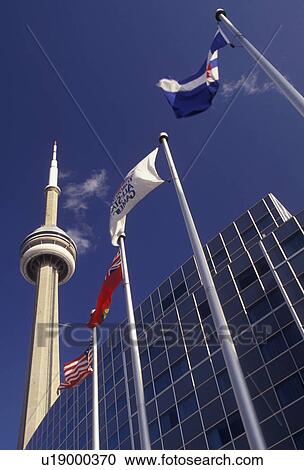 Stock Image -  Toronto, Ontario, Canada, Flags fly in front of the Skydome Hotel and CN Tower in downtown Toronto.. Fotosearch
