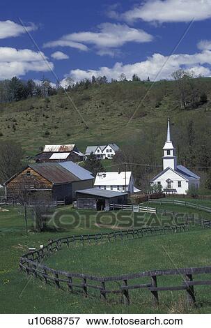 town, village, church, Vermont, VT, A fence leads down the field toward the scenic village of East Corinth in the spring. View Large Photo Image Stock Photo - town, village, church, Vermont, VT, A fence leads down the field toward the scenic village of East Corinth in the spring.. Fotosearch