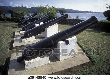 Trinidad and Tobago, Caribbean, cannon, fort, Plymouth, Caribbean Islands, Cannons from the ruins of Fort James overlook the Caribbean Sea in Plymouth on the island of Tobago (a British Commonwealth member). View Large Photo Image Stock Image - Trinidad and Tobago, Caribbean, cannon, fort, Plymouth, Caribbean Islands, Cannons from the ruins of Fort James overlook the Caribbean Sea in Plymouth on the island of Tobago (a British Commonwealth member).. Fotosearch