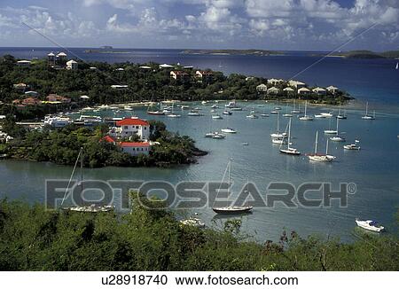 Stock Image -  U. S. Virgin Islands, St. John, Caribbean, U. S. V. I USVI, Virgin Islands, Scenic view of Cruz Bay Harbor on Saint John Island, US Virgin Islands. . Fotosearch