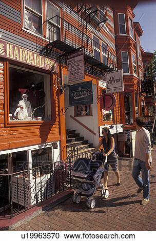 Stock Image -  university, college, Harvard, Cambridge, Massachusetts, Shops along John F. Kennedy Street on Harvard University campus in Cambridge in the state of Massachusetts. . Fotosearch