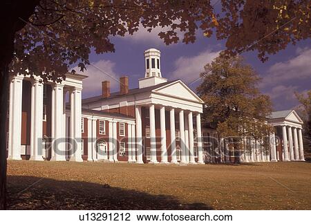 Stock Image -  university, college, Virginia, Lexington, Historic white colonade building on the campus of Washington and Lee University in the autumn in Lexington in the state of Virginia.. Fotosearch