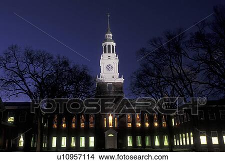 Picture -  university, New Hampshire, NH, Baker Library on the campus of Dartmouth College in Hanover in the evening in winter. . Fotosearch