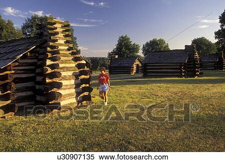Stock Photography -  Valley Forge Park, encampment, log hut, Valley Forge, Pennsylvania, Soldier Huts in Valley Forge National Historical Park in Valley Forge in the state of Pennsylvania.. Fotosearch