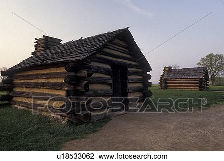 Stock Image -  Valley Forge Park, hut, encampment, soldiers' quarters, Valley Forge National Historical Park, Pennsylvania, Soldier Huts at Valley Forge Nat'l Historical Park in the state of Pennsylvania. . Fotosearch