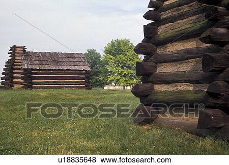Stock Photo -  Valley Forge Park, log hut, encampment, Valley Forge, Pennsylvania, Soldier Huts in Valley Forge National Historical Park in Valley Forge in the state of Pennsylvania.. Fotosearch