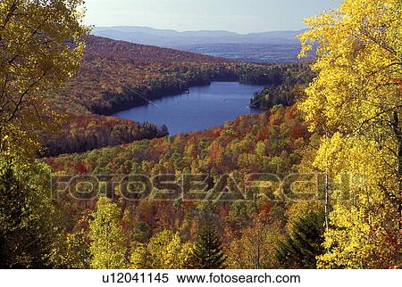 Stock Photography -  Vermont, A spectacular view of Kettle Pond in the fall from Owl's Head Overlook in Groton State Forest.. Fotosearch