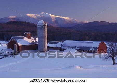 Vermont, barn, farm, Scenic view of Mt. Mansfield and a red barn at Tinker Farm in the early evening light of winter in Fletcher. View Large Photo Image Stock Photo - Vermont, barn, farm, Scenic view of Mt. Mansfield and a red barn at Tinker Farm in the early evening light of winter in Fletcher. . Fotosearch