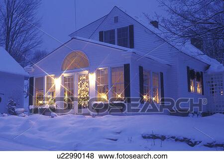 Vermont, Christmas, house, home, Star light Christmas decorations can be seen in the windows of a house on a snow covered evening in winter in Peacham in Caledonia County in the state of Vermont. View Large Photo Image Stock Photo - Vermont, Christmas, house, home, Star light Christmas decorations can be seen in the windows of a house on a snow covered evening in winter in Peacham in Caledonia County in the state of Vermont. . Fotosearch