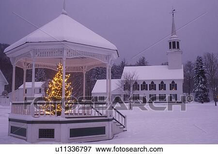 Vermont, church, Christmas, Gazebo and the Townshend Church on a snow covered Green at night in Townshend. An evergreen tree with white lights decorates the gazebo for Christmas. View Large Photo Image Stock Photo -  Vermont, church, Christmas, Gazebo and the Townshend Church on a snow covered Green at night in Townshend. An evergreen tree with white lights decorates the gazebo for Christmas.. Fotosearch
