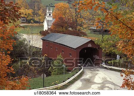 Vermont, covered bridge, A scenic fall setting of a church and Bridge at the Green covered bridge, circa 1852 in West Arlington. View Large Photo Image Picture - Vermont, covered bridge, A scenic fall setting of a church and Bridge at the Green covered bridge, circa 1852 in West Arlington. . Fotosearch