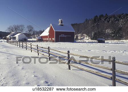 Vermont, Moretown, Mad River Valley, VT, farm, red barn, fence, winter. View Large Photo Image Stock Photo - Vermont, Moretown, Mad River Valley, VT, farm, red barn, fence, winter.. Fotosearch
