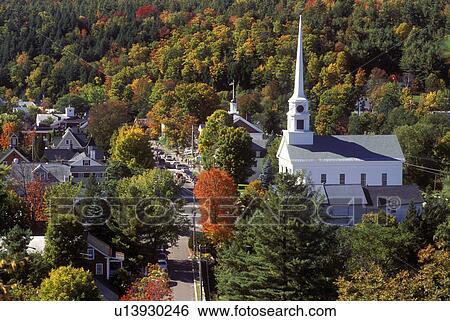 Vermont, Stowe, church, Aerial view of the scenic village of Stowe in the fall. View Large Photo Image Stock Photograph - Vermont, Stowe, church, Aerial view of the scenic village of Stowe in the fall.. Fotosearch