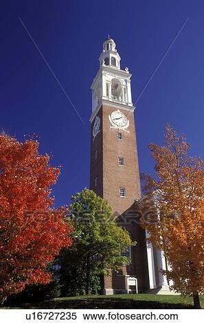 Stock Photography -  Vermont, University, Burlington, The Ira Adler Chapel, clock tower, at the University of Vermont in the fall in Burlington.. Fotosearch