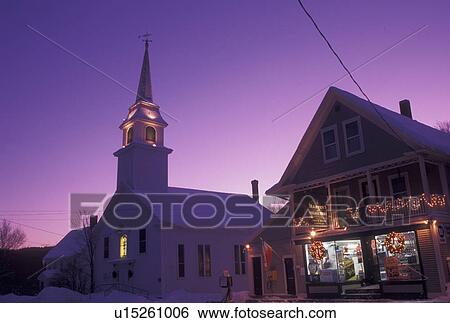 Vermont, VT, Country market and church in the scenic village of East Corinth in the evening decorated for Christmas in the winter View Large Photo Image Stock Photograph - Vermont, VT, Country market and church in the scenic village of East Corinth in the evening decorated for Christmas in the winter . Fotosearch