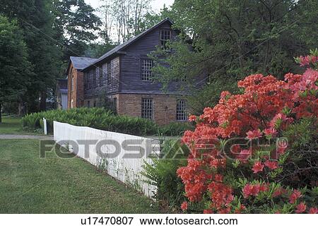 Stock Photo -  Vermont, VT, Homes in the Historic District in East Poultney in the early spring. Rhododendron in bloom . Fotosearch