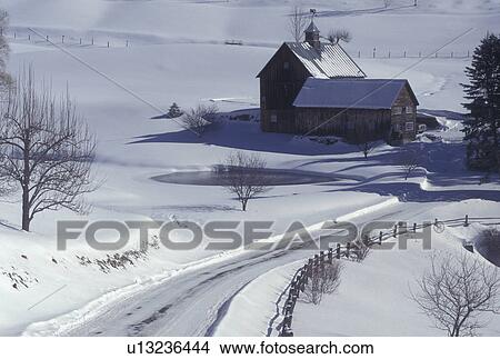 Picture -  Vermont, VT, Picturesque Sleepy Hollow Farm in the snow in winter in South Pomfret . Fotosearch