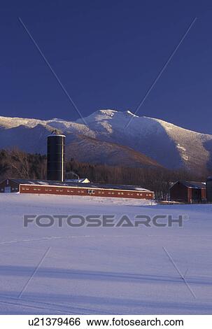 Vermont, VT, Scenic view of a farm with a red barn and the snow covered Mt. Mansfield behind in Pleasant Valley in the winter View Large Photo Image Stock Photograph - Vermont, VT, Scenic view of a farm with a red barn and the snow covered Mt. Mansfield behind in Pleasant Valley in the winter . Fotosearch