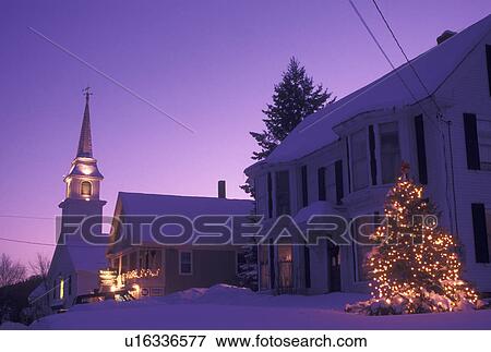 Vermont, VT, Scenic village of East Corinth in the evening decorated for Christmas in the winter View Large Photo Image Stock Photo - Vermont, VT, Scenic village of East Corinth in the evening decorated for Christmas in the winter . Fotosearch