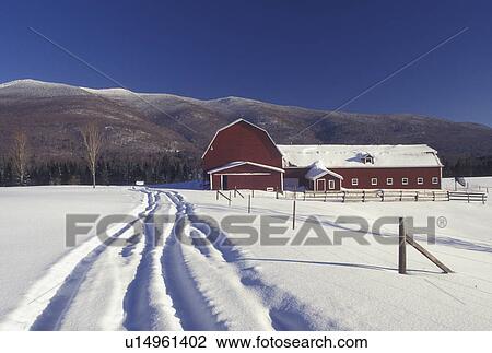 Stock Image -  Vermont, VT, Tire tracks in the deep snow lead down to a snow-covered red barn in Waterbury Center in winter . Fotosearch