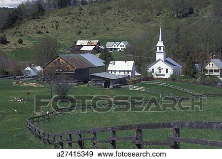Stock Photo -  village, church, Vermont, East Corinth, VT, fence, field, scenic village, spring.. Fotosearch
