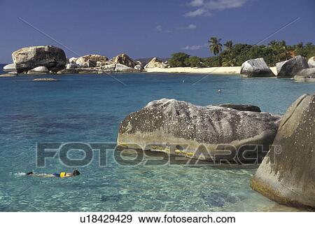 Stock Photo -  Virgin Gorda, The Baths, British Virgin Islands, Caribbean, beach, Virgin Islands, BVI, B. V. I Person snorkling around big boulders on Spring Bay on the island of Virgin Gorda on the British Virgin Islands.. Fotosearch