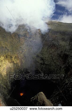 Stock Photo -  volcano, crater, Lava, Chile, Mt. Villarica, Andes, White smoke rises from the crater of the active Villarica Volcano the South-Central Region (Land of Lakes and Volcanoes) in Chile. . Fotosearch