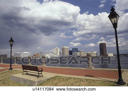 waterfront Norfolk, Virginia, View of the city of Norfolk from Portsmouth Riverwalk in the state of Virginia View Large Photo Image Picture - waterfront Norfolk, Virginia, View of the city of Norfolk from Portsmouth Riverwalk in the state of Virginia . Fotosearch