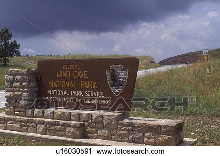 Stock Image -  Wind Cave, South Dakota, Entrance sign to Wind Cave National Park . Fotosearch