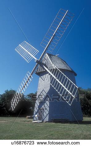 Stock Image -  windmill, Cape Cod, Massachusetts, Brewster, 1795 Windmill at the Brewster Historical Society in Brewster, Massachusetts.. Fotosearch