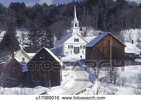 Stock Photograph -  winter, Vermont, VT, Scenic village of Waits River in the snow in the winter. . Fotosearch