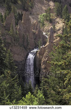 Yellowstone National Park, waterfall, Yellowstone, Wyoming, The Yellowstone River cascades over Tower Falls in Yellowstone National Park in the state of Wyoming. View Large Photo Image Stock Photo - Yellowstone National Park, waterfall, Yellowstone, Wyoming, The Yellowstone River cascades over Tower Falls in Yellowstone National Park in the state of Wyoming. . Fotosearch