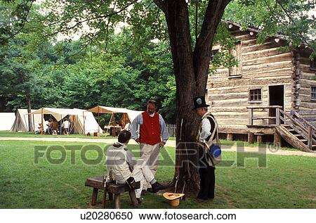 Stock Image -  Abraham Lincoln, encampment, Petersburg, IL, Illinois, Interpreters at reenactment encampment at Lincoln's New Salem State Historic Site.. Fotosearch