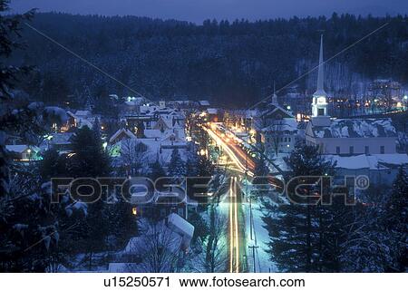 aerial, Stowe, village, ski resort, holiday, snow, winter, Vermont, A scenic aerial view of the village of Stowe on a wintry night in Lamoille County in the state of Vermont. View Large Photo Image Stock Image - aerial, Stowe, village, ski resort, holiday, snow, winter, Vermont, A scenic aerial view of the village of Stowe on a wintry night in Lamoille County in the state of Vermont. . Fotosearch