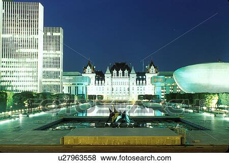 Albany, capitol, State Capitol, Statehouse, New York, A view of the State Capitol Building from the Governor Nelson A. Rockefeller Empire State Plaza illuminated at night in Albany, New York. View Large Photo Image Stock Photo - Albany, capitol, State Capitol, Statehouse, New York, A view of the State Capitol Building from the Governor Nelson A. Rockefeller Empire State Plaza illuminated at night in Albany, New York. . Fotosearch