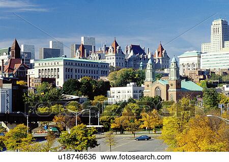 Stock Photograph -  Albany, New York, NY, skyline, Downtown skyline of Albany, capital city of New York, in the fall.. Fotosearch