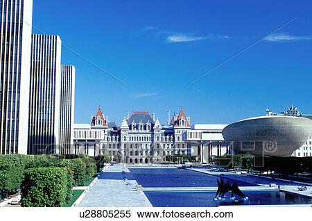 Stock Photography -  Albany, New York, NY, View of the State Capitol and The Egg from Nelson A. Rockefeller Empire State Plaza in downtown Albany, capital city of New York.. Fotosearch