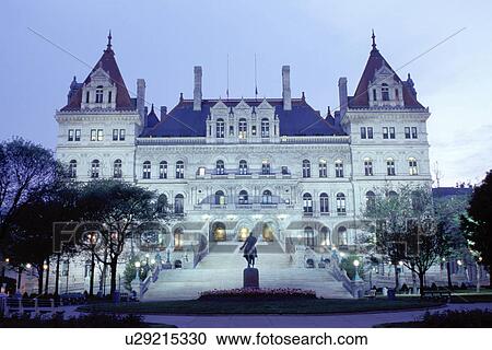 Stock Image -  Albany, State Capitol, capitol, Statehouse, New York, The State Capitol is illuminated at night in Albany, New York. . Fotosearch