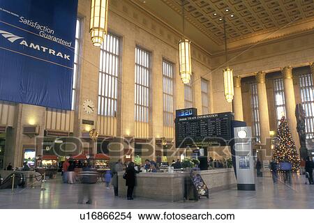 Picture -  Amtrak, train station, Philadelphia, Pennsylvania, PA, Inside the ornate lobby of 30th Street Station in downtown Philadelphia.. Fotosearch