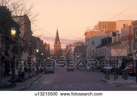 Stock Image -  Annapolis, Maryland, MD, Main Street with St. Anne's Church in the background in downtown Annapolis at sunrise.. Fotosearch