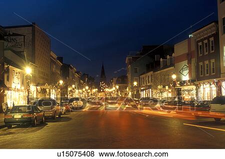 Stock Photo -  Annapolis, MD, Maryland, Christmas decorations along Main Street in downtown Annapolis in the evening. . Fotosearch