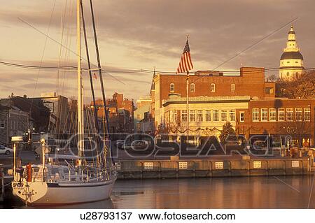 Stock Photo -  Annapolis, MD, Maryland, City Dock in downtown Annapolis at sunrise.. Fotosearch
