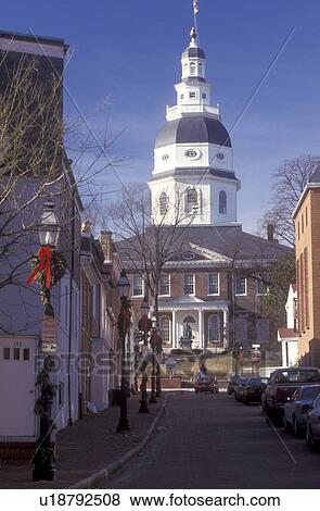 Stock Photo -  Annapolis, State House, State Capitol, MD, Maryland, The Maryland State House from downtown Annapolis.. Fotosearch
