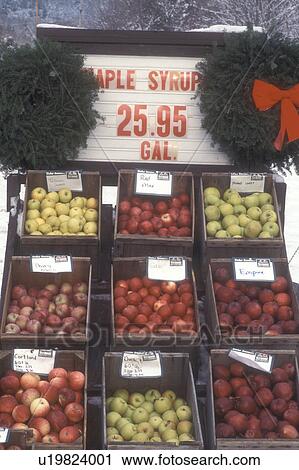 apples, outdoor market, fruit stand, wreaths, decorations, holiday, snow, winter, Apples, Wreaths and Maple Syrup for sale at Ellie's Farm Market in Northfield Falls in Washington County in the state of Vermont. View Large Photo Image Stock Image - apples, outdoor market, fruit stand, wreaths, decorations, holiday, snow, winter, Apples, Wreaths and Maple Syrup for sale at Ellie's Farm Market in Northfield Falls in Washington County in the state of Vermont.. Fotosearch