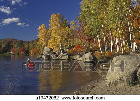 Stock Image -  autumn, canoeing, canoe, VT, Vermont, Woman paddling a red canoe along Boulder Beach on Lake Groton in Groton State Forest in the fall.. Fotosearch