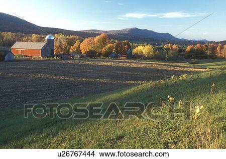 Picture -  autumn, farm, Danby Four Corners, VT, Vermont, View of a farm with a red barn and scenic countryside surrounded by colorful fall foliage in Danby Four Corners.. Fotosearch