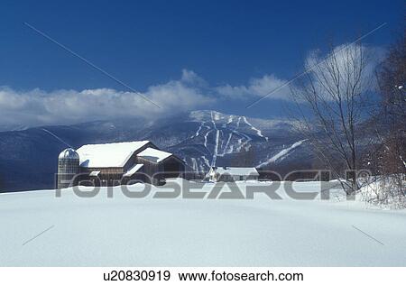 Stock Photo -  barn, mountains, winter scene, snow, wintry, Sugarbush Ski Resort, Vermont, Scenic view of the barn on Bragg Farm and the Sugarbush Ski Area on the snow covered Green Mountains in the distance on a sunny day under a blue sky in Fayston in the Mad River V. Fotosearch